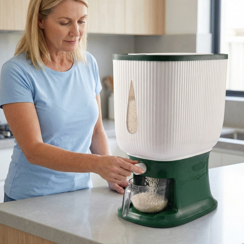 22.05 lb Large Rice Dispenser with Measuring Cup | Airtight 6-Compartment Grain Storage Container | Pantry Organizer | FREE SHIPPING