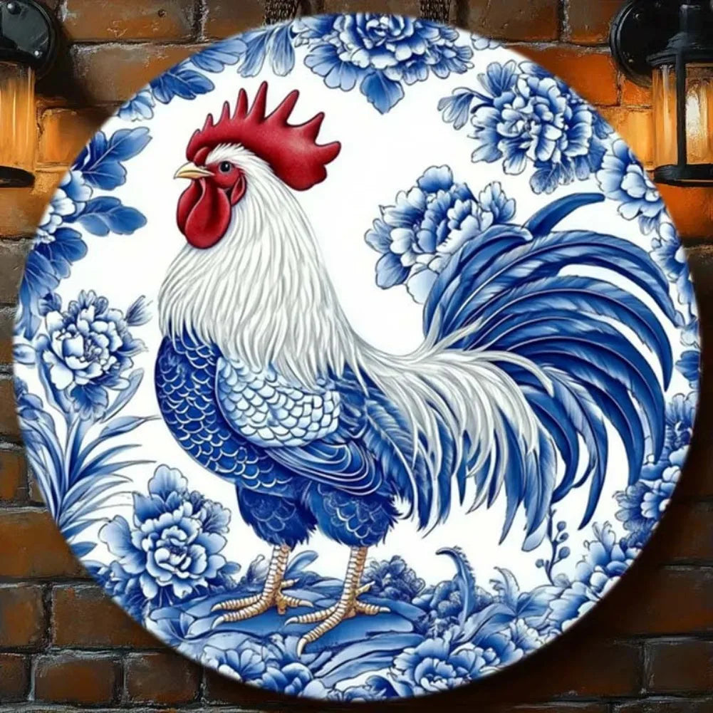 Nordic Retro Rooster Aluminum Wall Art - 1pc 2D Flat Blue & White Porcelain Style,
