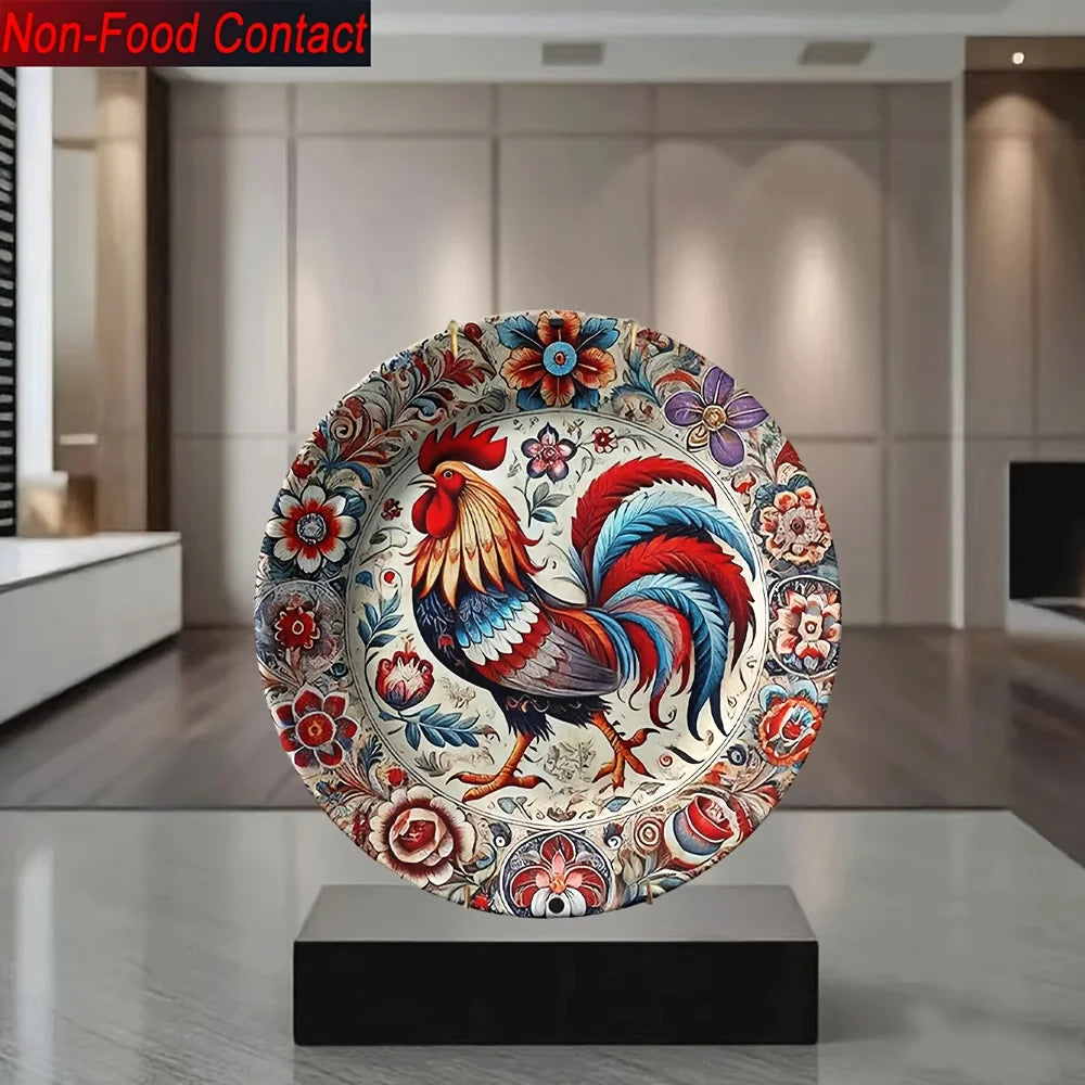 Rooster Floral Ceramic Decorative Plate – Red, Blue & Golden Home Décor