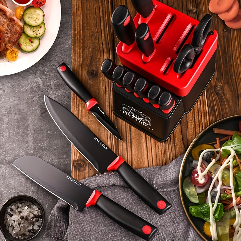14pcs Kitchen Knife Set, Including High Carbon Stainless Steel Blades And Knife Holder, Knife Holder Comes With Sharpening Function, Anti Slip Handle, Kitchen Knife Set, Kitchen Small Tool Gift Knife