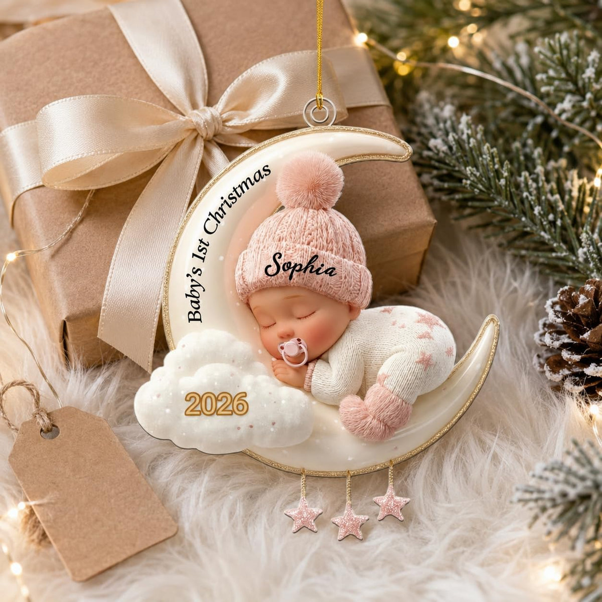 2D Flat,Personalized Baby's First Christmas 2026 ornament with custom baby name and date, sleeping baby design and 2D flat style. Perfect keepsake for parents & grandparents.
