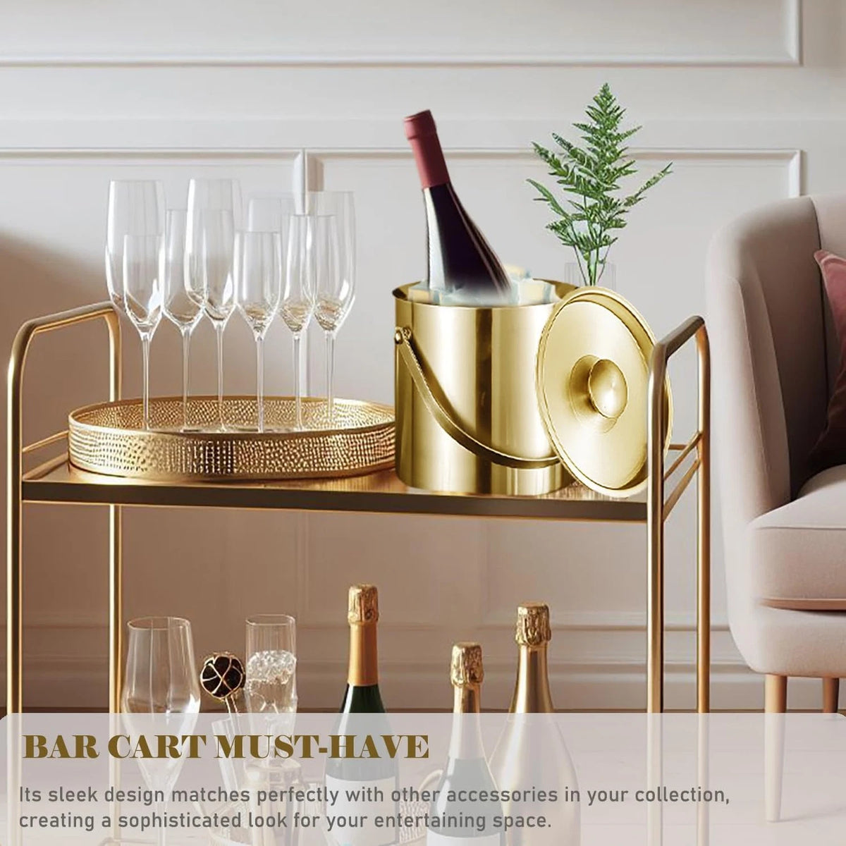 Gold Ice Bucket with Lid, Handle and Tong Insulated Stainless Steel Champagne...