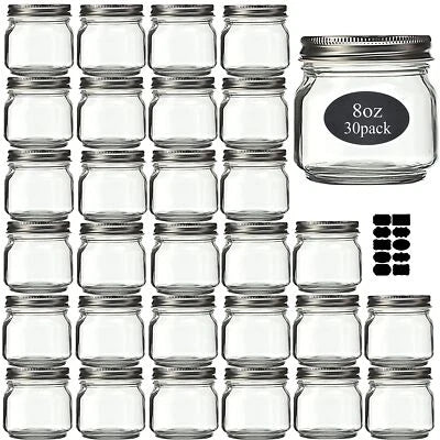 Rainforce Small Glass Mason Jars 8 oz 30 Pack with Silver Lids – 1/4 Quart Canning & Storage Jars – Free Shipping