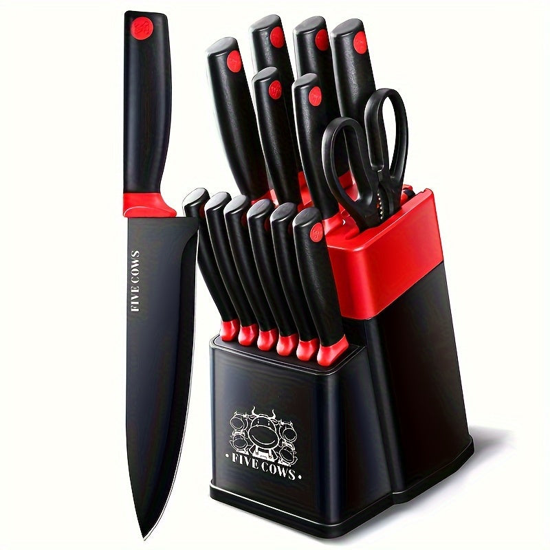 14pcs Kitchen Knife Set, Including High Carbon Stainless Steel Blades And Knife Holder, Knife Holder Comes With Sharpening Function, Anti Slip Handle, Kitchen Knife Set, Kitchen Small Tool Gift Knife