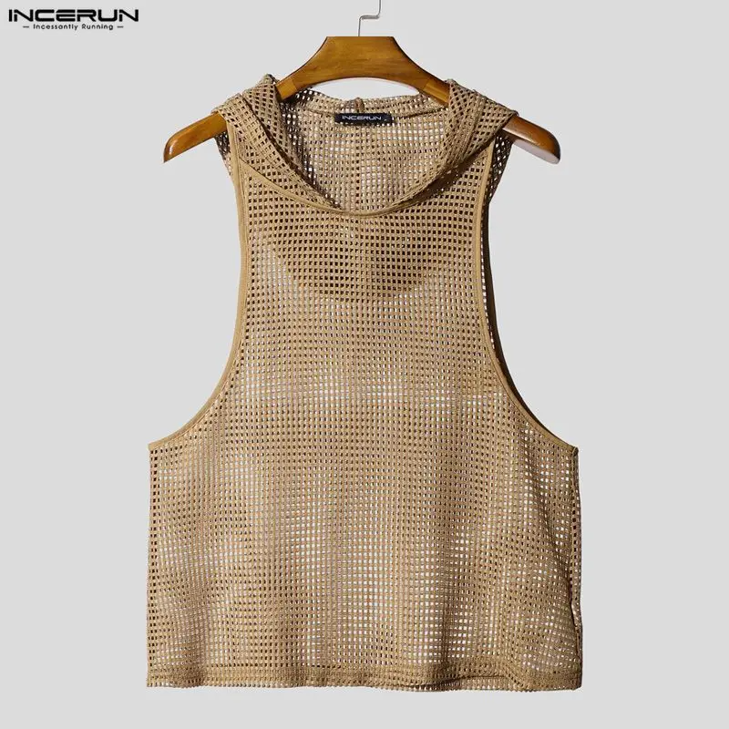Men Tank Tops Mesh Hollow Out Sexy See Through Hooded Sleeveless Male Vests Solid Streetwear Fashion Men Clothing S-3XL