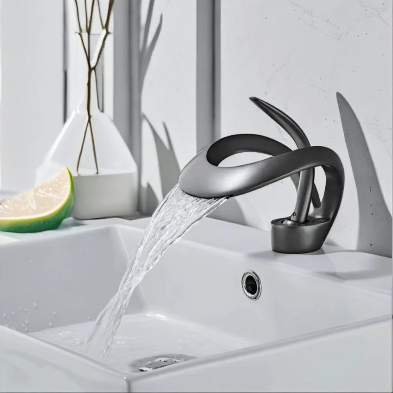 Bathroom Basin Taps Single Handle Waterfall Faucet Solid Brass Basin Mixer Taps Creative Hollowed Out Design Water Tap