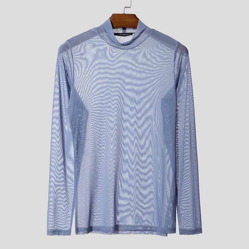 Men's Mesh Long Sleeve Turtleneck T-Shirt See Through Slim Fit Casual Streetwear Top