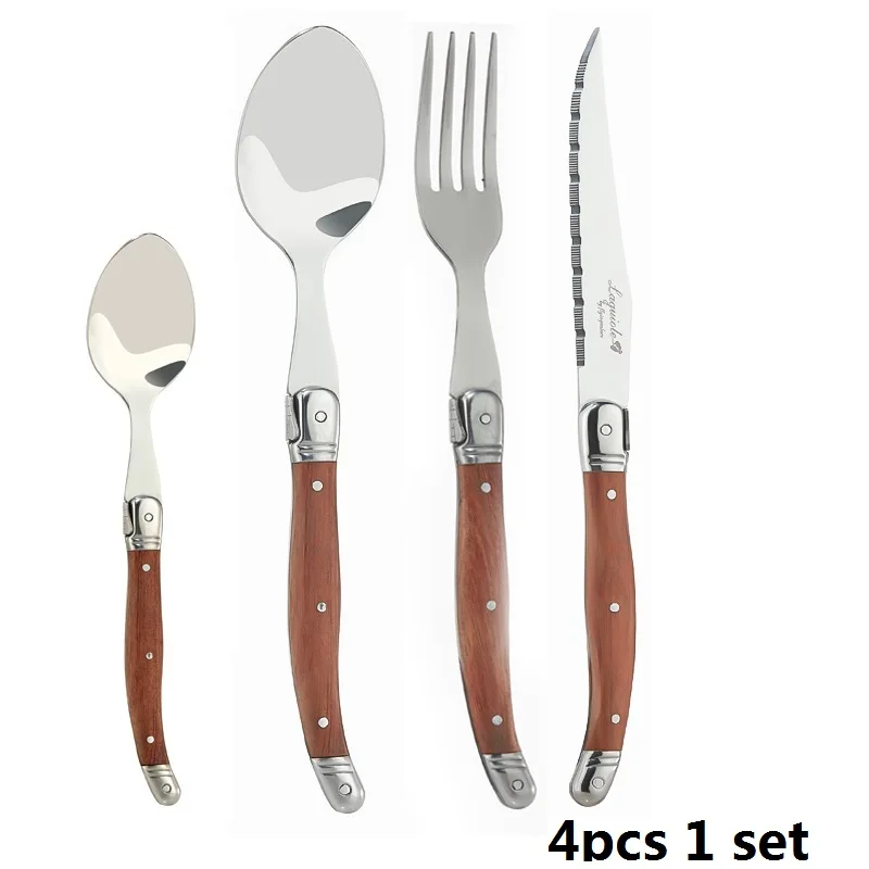 4-24PCS Laguiole Luxury Cutlery Set Rose Wood Handle Stainless Steel Dinnerware | Free Shipping
