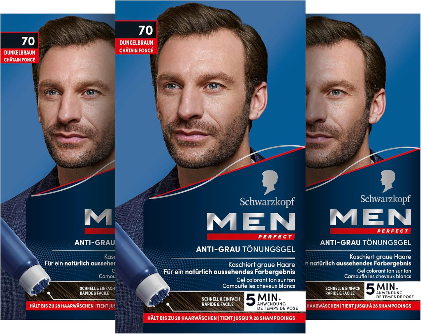 Schwarzkopf Men   Anti-Gray Tinting Gel, 70 Natural Dark Brown, Pack of 3 (3 x 40 ml) From Germany