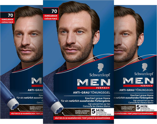 Schwarzkopf Men   Anti-Gray Tinting Gel, 70 Natural Dark Brown, Pack of 3 (3 x 40 ml) From Germany