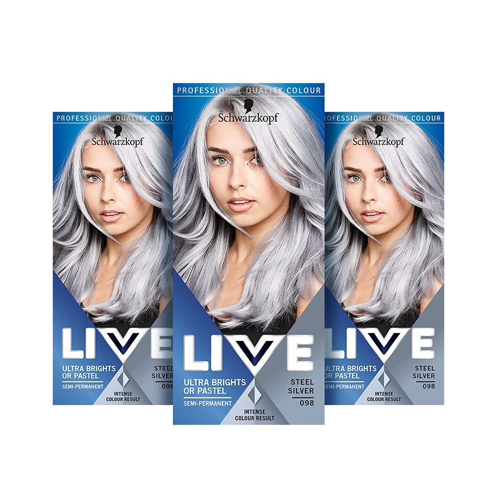 Schwarzkopf Live Ultra Bright or Pastel Color, Steel Silver Number 098 - Pack of 3 From Germany