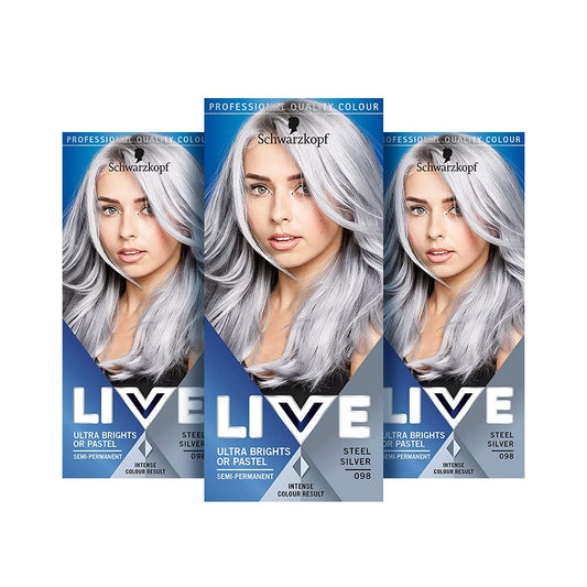 Schwarzkopf Live Ultra Bright or Pastel Color, Steel Silver Number 098 - Pack of 3 From Germany
