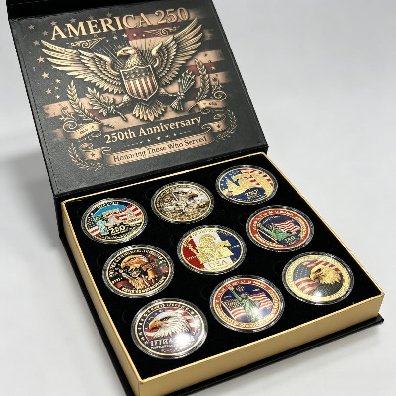 USA 250th Anniversary Commemorative Coin Set | 9-Piece Challenge Coins with Gift Box | America 1776–2026 | FREE SHIPPING