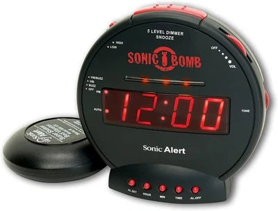 Sonic Bomb® The Loudest Alarm Clock with Powerful Bed Shaker Attachment – Black
