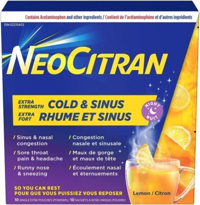 NeoCitran ES Cold & Sinus Night Lemon – 10 Pouches for Nighttime Cold & Sinus Relief – Free Shipping