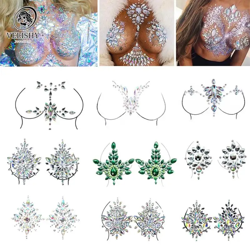 Acrylic Colorful Crystal Chest Paste - Self-Adhesive Breathable Nipple Covers & Body Jewels (23 Styles)
