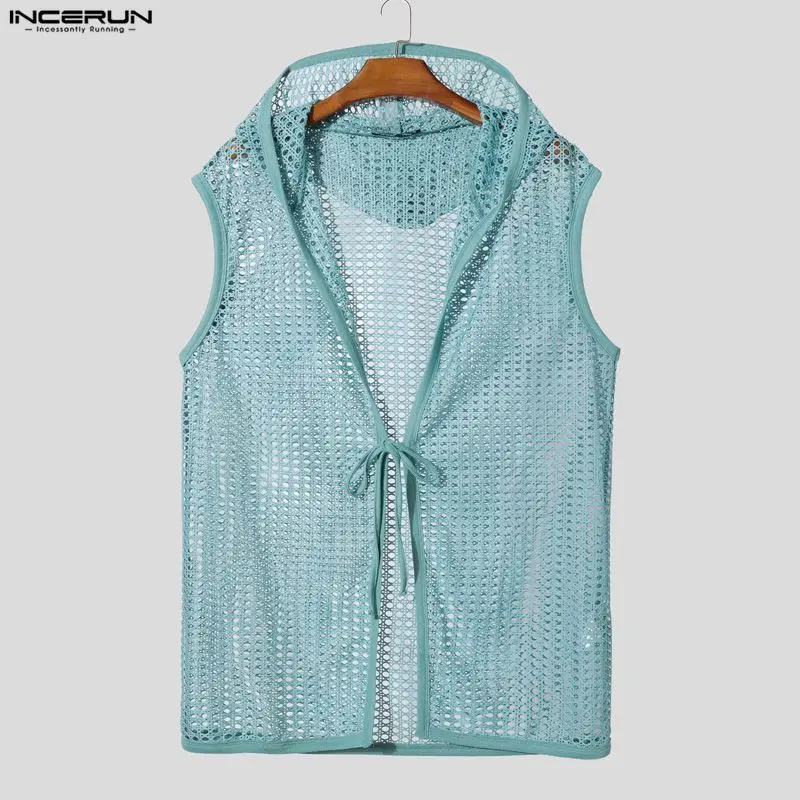INCERUN Men's Hollow Out Hooded Tank Top | See-Through Lace-Up Sleeveless Vest | Vacation Streetwear | FREE SHIPPING 🌴