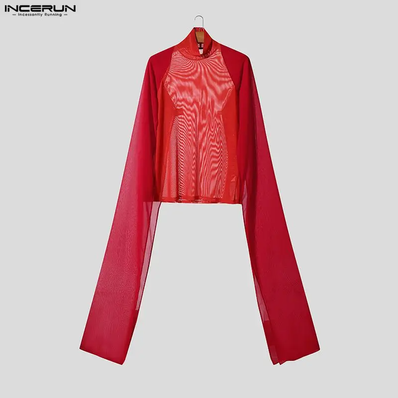 Men T Shirt Mesh Patchwork Turtleneck Long Sleeve See Through Men Clothing Streetwear Sexy Fashion Irregular Tee Tops