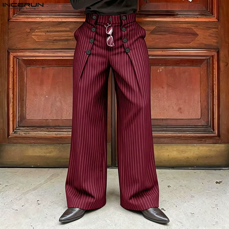 INCERUN Men's Striped Wide Leg Pants — Loose Pleated Casual Streetwear Trousers