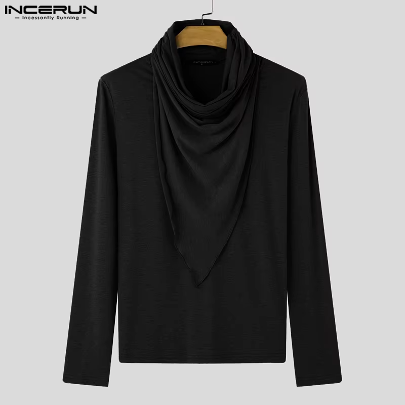 Fashion Casual Tops INCERUN New Men Pile Collar Design Ruffle Edge T-shirts Male City Walk Solid All-match Long Sleeved Camiseta