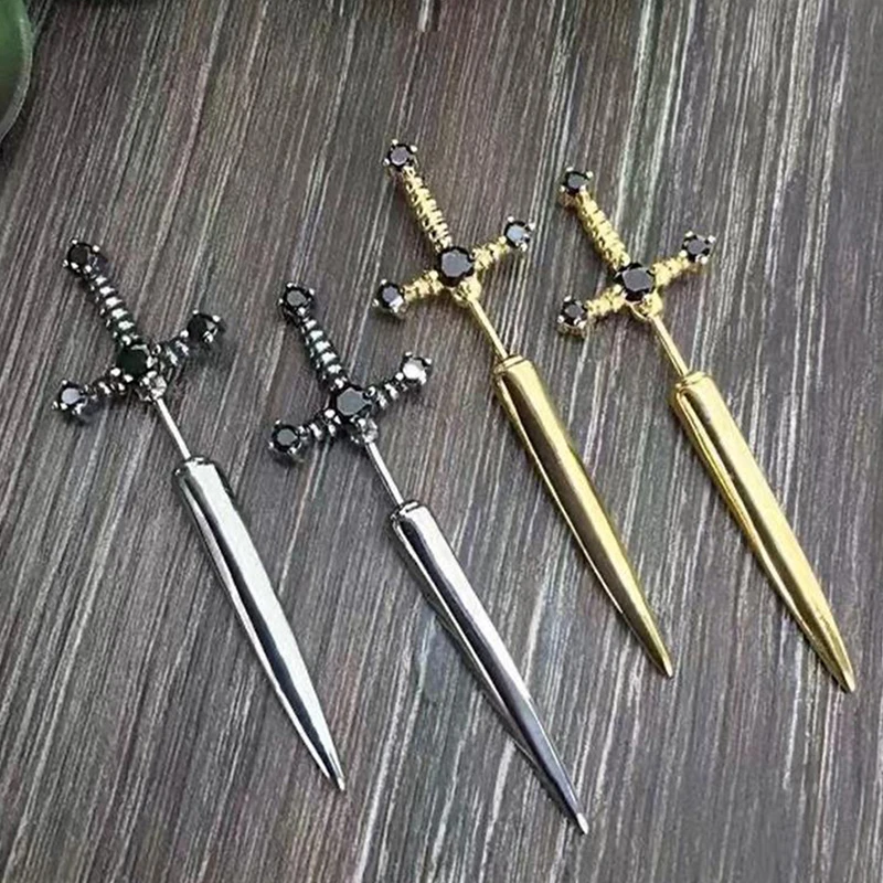 Hip Hop Cross Sword Stud Earrings | Gothic Crystal Fashion Jewelry for Men & Women