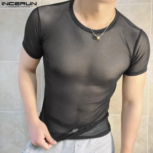 INCERUN Men's Mesh Transparent T-Shirt O-Neck Short Sleeve Sexy Streetwear Solid Color Tee S-3XL