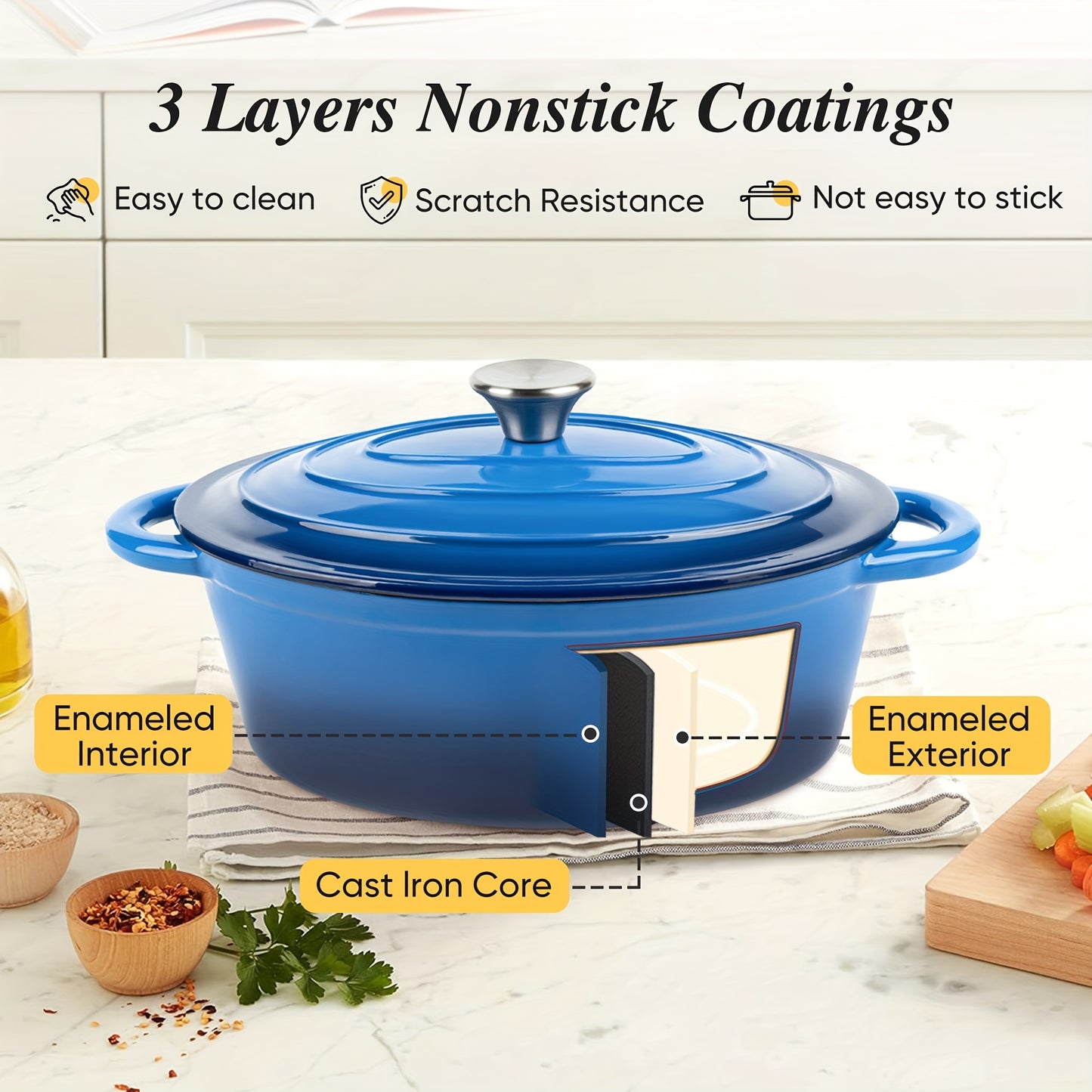 4.5QT Enameled Dutch Oven Pot With Lid, Cast Iron Dutch Oven With Dual Handles For Bread Baking, Cooking, Non-stick Enamel Coated Cookware
