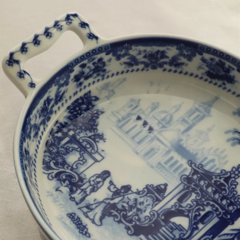 Blue & White Porcelain Casserole Dish DoubleHandled Baking Pan Vintage Ceramic Cookware for Kitchenware Traditional Cooking Pot