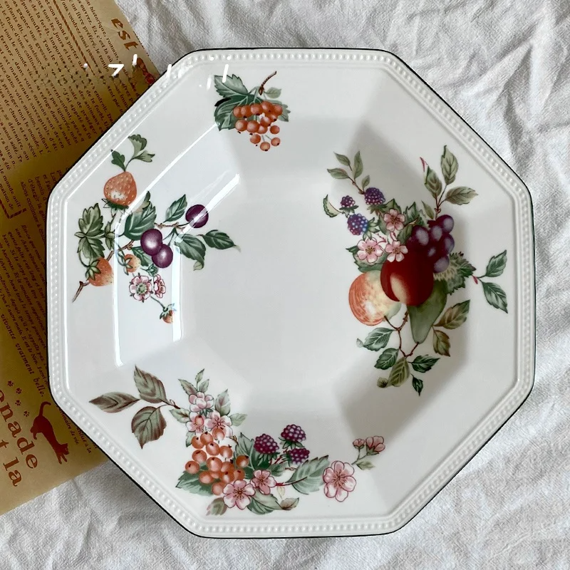 Underglaze Hand-Painted Green Octagonal Plate – Country Fruit Peach & Berry Dinnerware