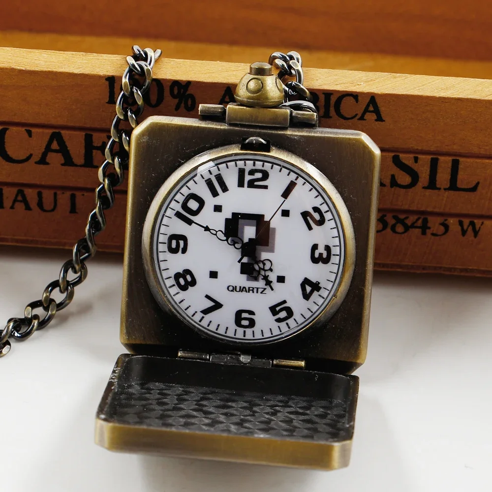 Retro Question Mark Bronze Quartz Pocket Watch — Vintage Pendant Chain Clock