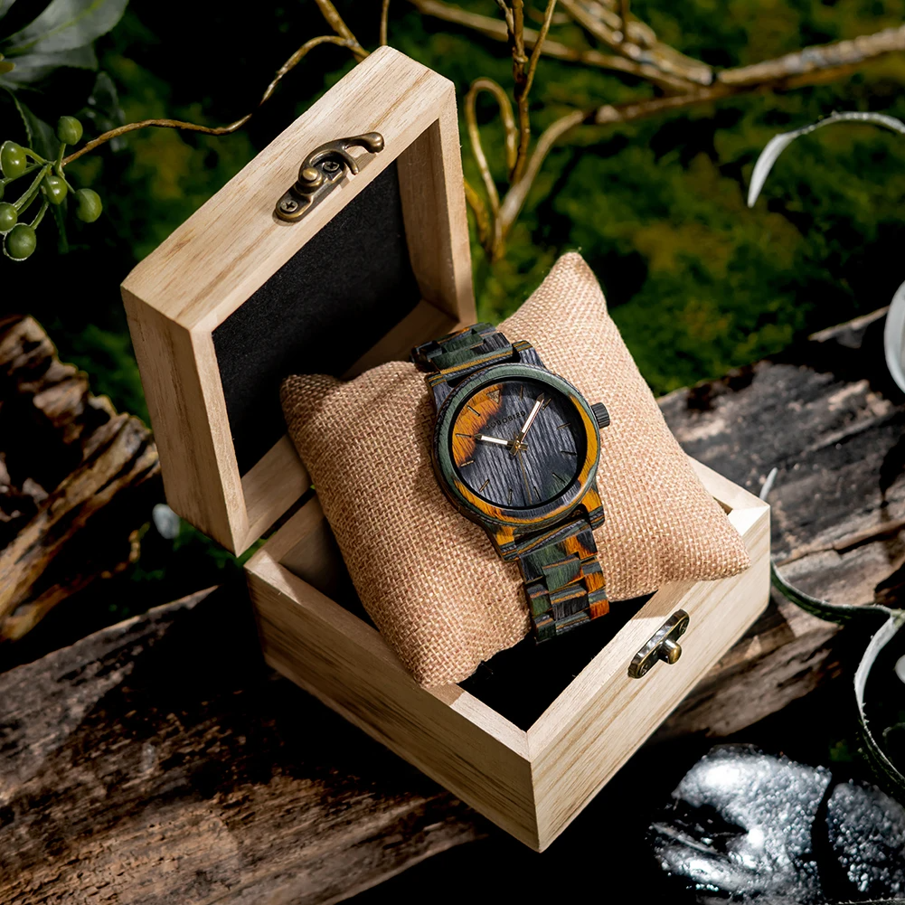 Men’s Colored Wood Quartz Watch – Laser Dial Fashion Casual Wristwatch Personalized Gift