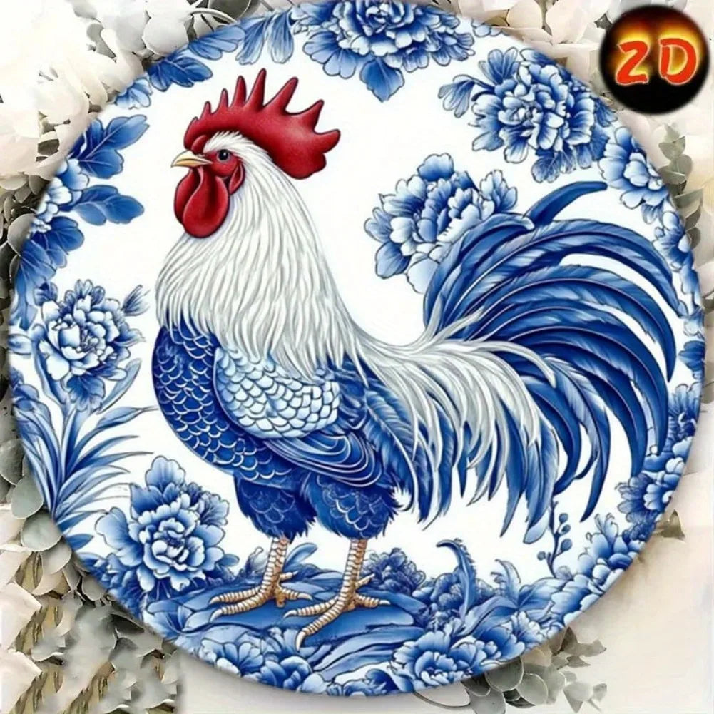 Nordic Retro Rooster Aluminum Wall Art - 1pc 2D Flat Blue & White Porcelain Style,