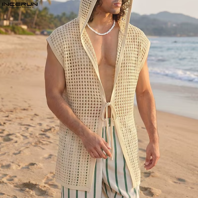 INCERUN Men's Hollow Out Hooded Tank Top | See-Through Lace-Up Sleeveless Vest | Vacation Streetwear | FREE SHIPPING 🌴