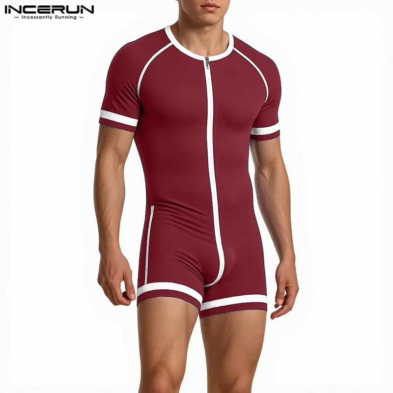 Men's Patchwork Bodysuit Short Sleeve O-Neck Zipper Romper Casual Workout Playsuit