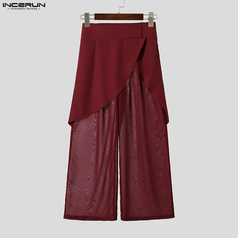 Men's Mesh Patchwork Wide Leg Pants Loose Fit See-Through Streetwear Trousers