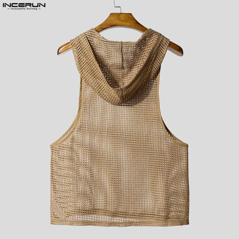 Men Tank Tops Mesh Hollow Out Sexy See Through Hooded Sleeveless Male Vests Solid Streetwear Fashion Men Clothing S-3XL