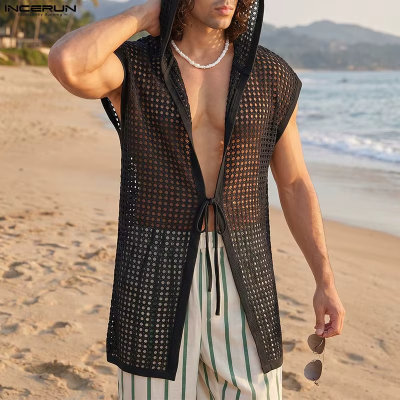 INCERUN Men's Hollow Out Hooded Tank Top | See-Through Lace-Up Sleeveless Vest | Vacation Streetwear | FREE SHIPPING 🌴