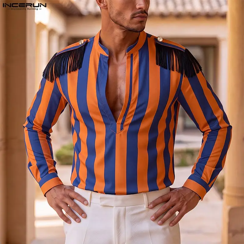 INCERUN Men's Tassel Striped Patchwork Shirt | V-Neck Long Sleeve Streetwear Top | Casual Fashion | FREE SHIPPING 👕🔥