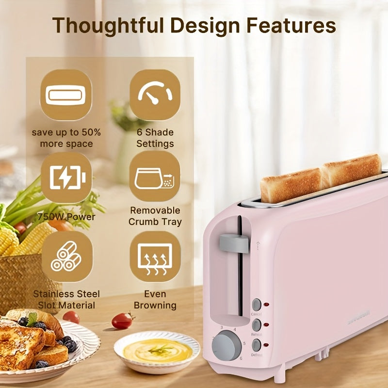 2-Slice Slim Toaster White – Fits-Anywhere Design, 6 Shade Settings, Cancel/Reheat/Defrost, Removable Crumb Tray, 750W – Free Shipping