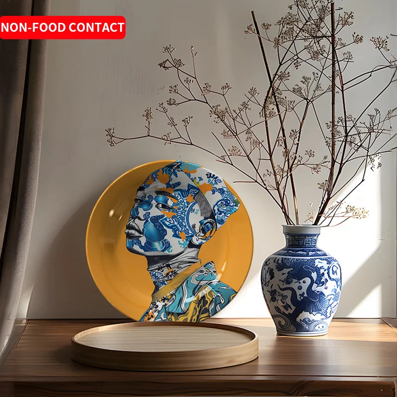 Nordic Style Bohemian Blue & Orange Ceramic Decorative Wall Plate – Hand-Painted Floral & Abstract Art – Free Shipping