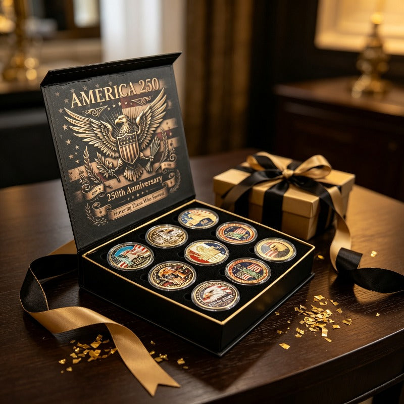USA 250th Anniversary Commemorative Coin Set | 9-Piece Challenge Coins with Gift Box | America 1776–2026 | FREE SHIPPING
