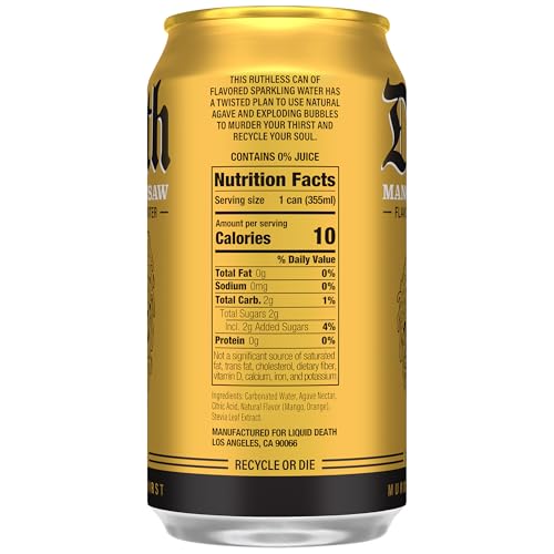 Liquid Death Mango Chainsaw Sparkling Water, 12 Fl Oz, 12 Pack, Less Sugar