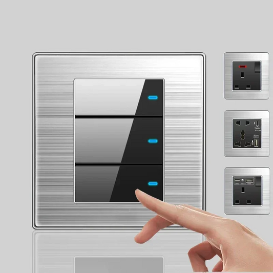 Wall LED Light Universal Switch Stainless steel Panel,EU UK USB Type-c 18W Fast Charging Plug socket 1 2 3 Gang 1 2 Way switch