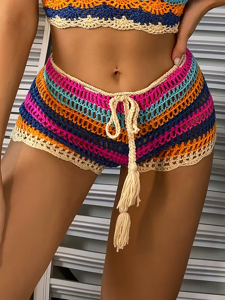 Women's Rainbow Crochet Bikini Cover-Up Shorts | Multicolor Striped Hollow-Out Drawstring Beach Shorts | FREE SHIPPING 🌈