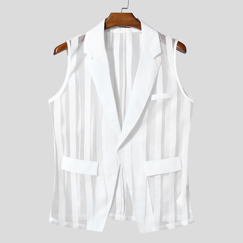 Men Vests Mesh Striped Transparent Sexy Lapel Sleeveless One Button Male Waistcoats Streetwear 2025 Fashion Casual Vests INCERUN
