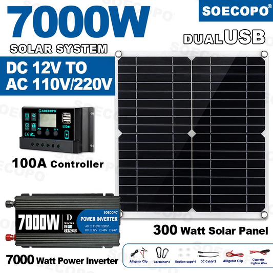 7000W Solar Power Inverter Kit 12V to 110V/220V 300W Panel 100A Controller Free Shipping