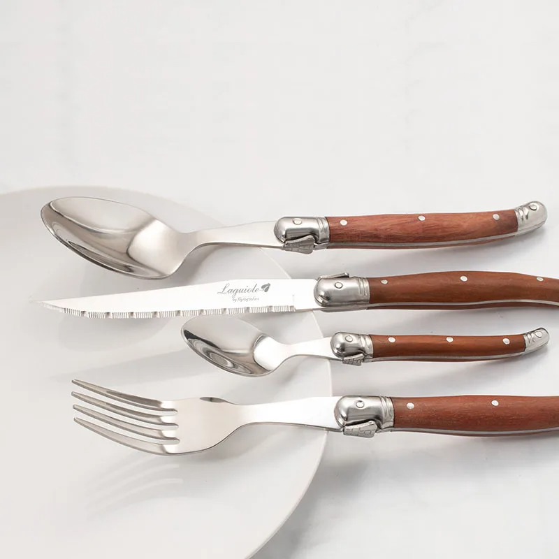 4-24PCS Laguiole Luxury Cutlery Set Rose Wood Handle Stainless Steel Dinnerware | Free Shipping