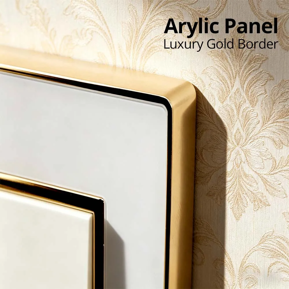 Wallpad White Acrylic Panel With Gold Border 2 Way Wall Light Switch With LED Indicator EU Electric Outlet With USB