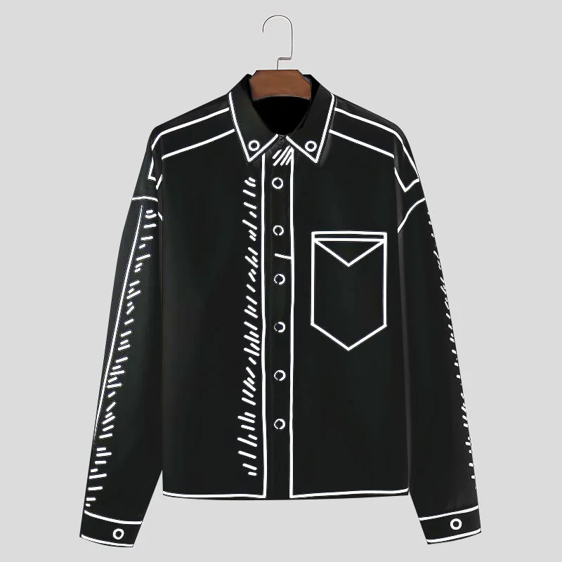 INCERUN Handsome Men Tops 2024 Manga Cartoon Printed Line Shirt Fashion Male Streetwear Hot Sale Loose Long Sleeved Blouse S-5XL
