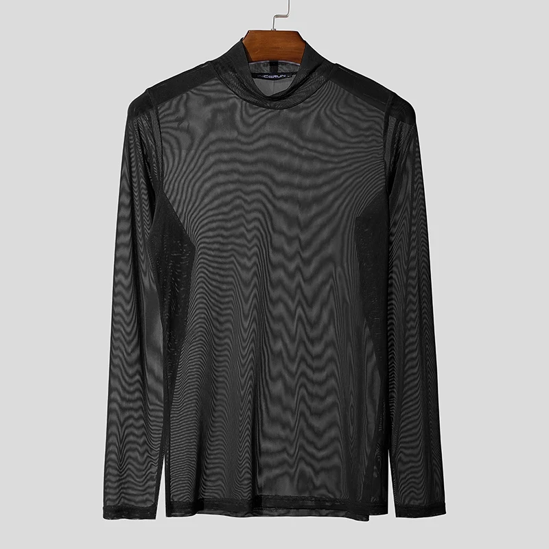 Men's Mesh Long Sleeve Turtleneck T-Shirt See Through Slim Fit Casual Streetwear Top